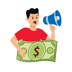 vecor man in red tshirt holding dollar bill with blue megaphone
