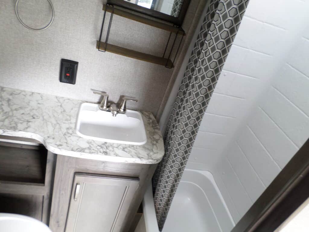Bathroom sink and shower in camper