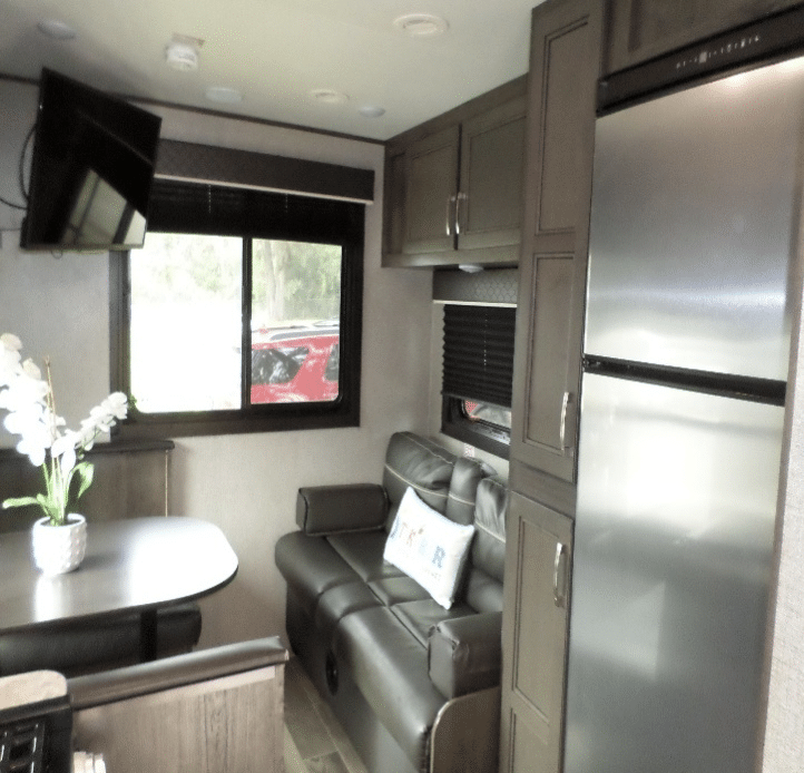 Kitchen and dining area in camper